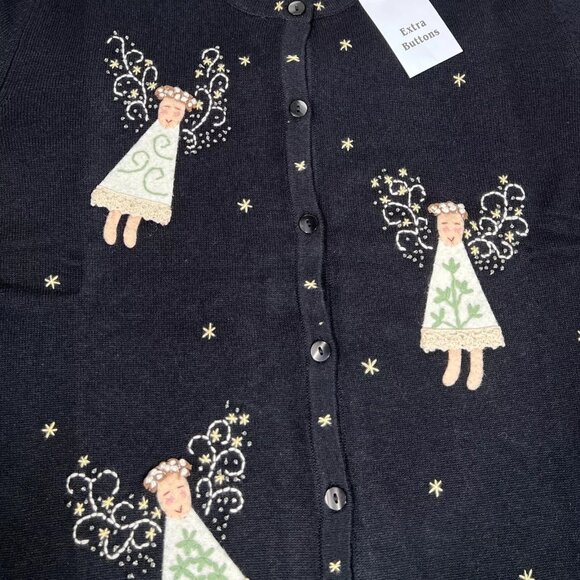 Limited Edition Appleseed's Womens Black Christmas Angels Cardigan Sweater Sz XL - Picture 5 of 16